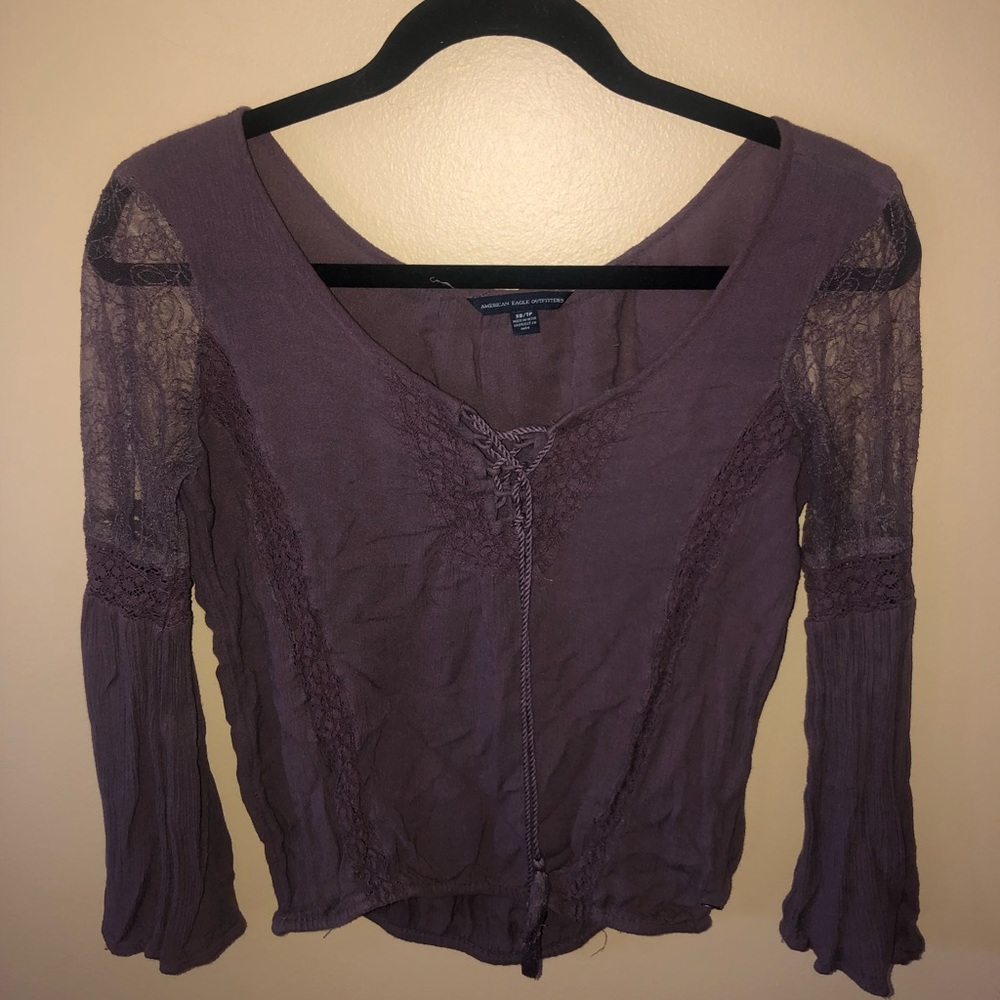 American Eagle Outfitters Mauve Lace-Trim Boho Blouse